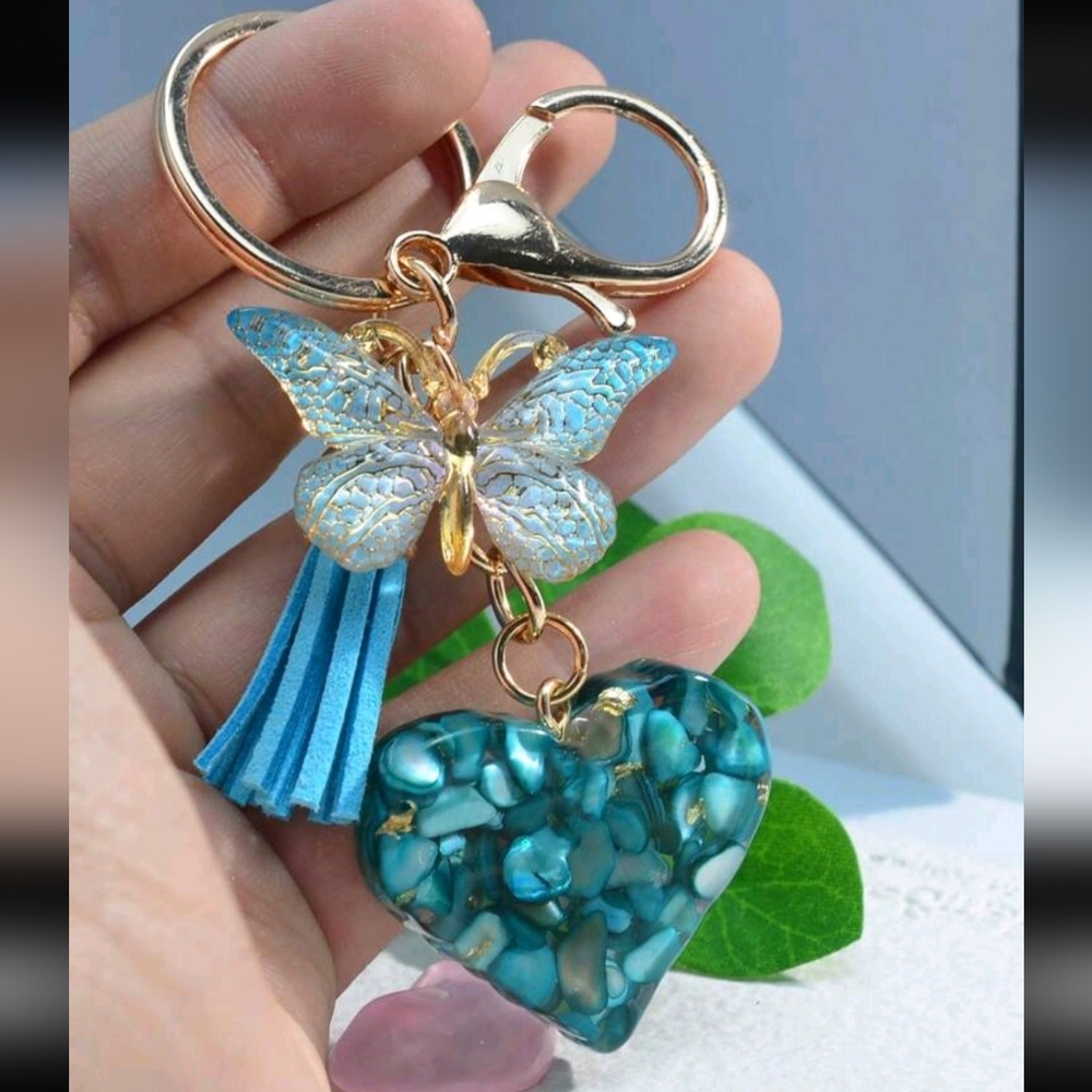 Beautiful Heart, butterfly and tassel bag charm/ Keychain New